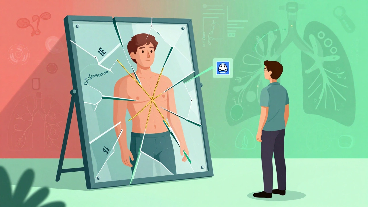 Patient facing a mirror with fragmented disease images being stitched into one whole, symbolizing unified care.