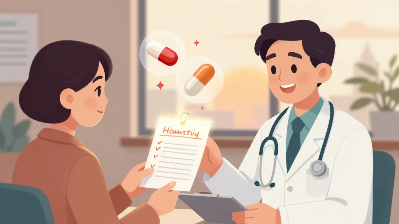 Patient giving supplement list to doctor while floating medication icons show warning sparks.