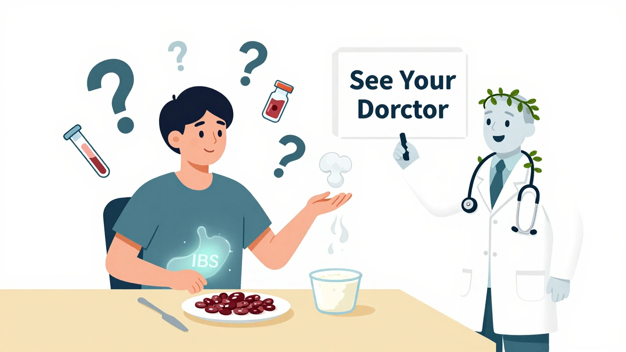 Person at dinner with medical icons above, doctor pointing to &#039;See Your Doctor&#039; as enzymes dissolve into mist.