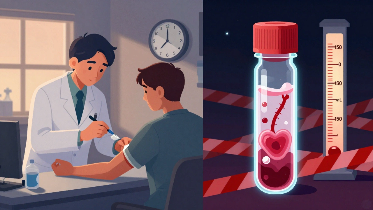 Pharmacist drawing blood at dawn while blood sample reveals drug molecules and heart cells