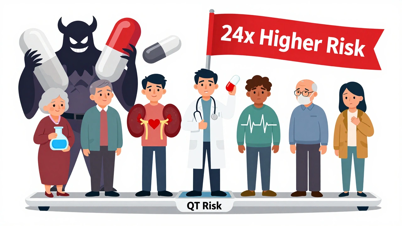 Seven patient types with risk factors balanced on a scale, overshadowed by macrolide pills in cartoon style.