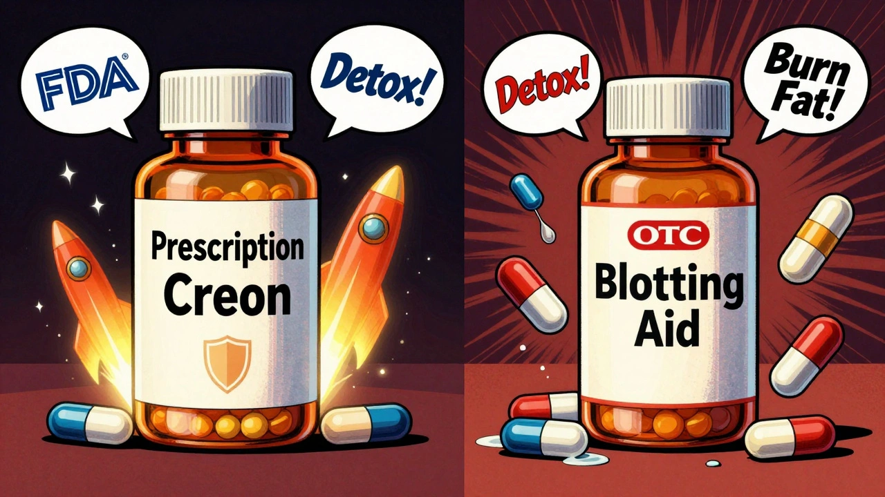 Side-by-side pill bottles: prescription enzymes as rockets vs. OTC supplements with false claims and leaking capsules.