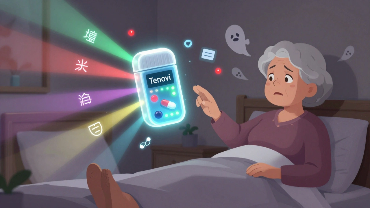 Smart pillbox glowing with colored lights above a bed, showing missed and taken doses as floating icons.