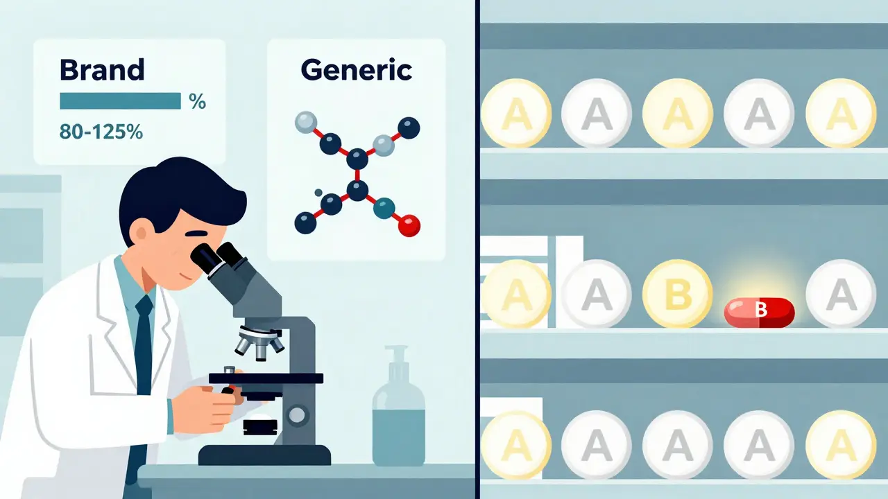 Split illustration comparing brand and generic drug molecules with bioequivalence data and pharmacy shelf labels.