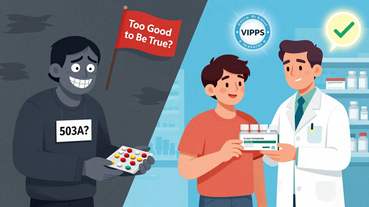 Split illustration: one side shows dangerous fake meds, the other safe pharmacy delivery with a pharmacist&#039;s approval.