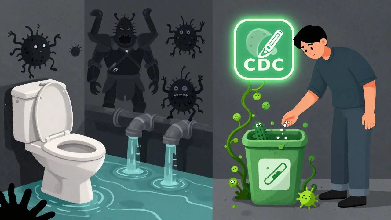 Split image: flushing antibiotics pollutes water vs. proper disposal supports healthy environment.