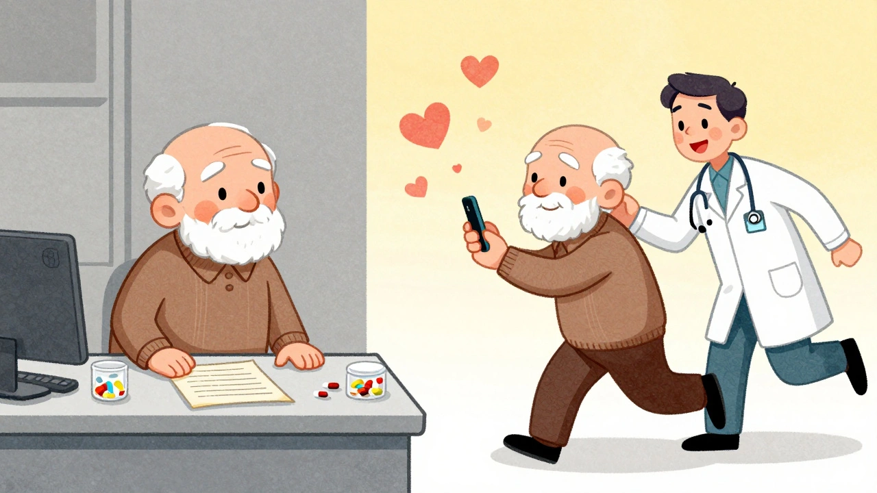 Split scene: lonely senior with scattered pills vs. same person smiling as caregiver arrives with smart pillbox.