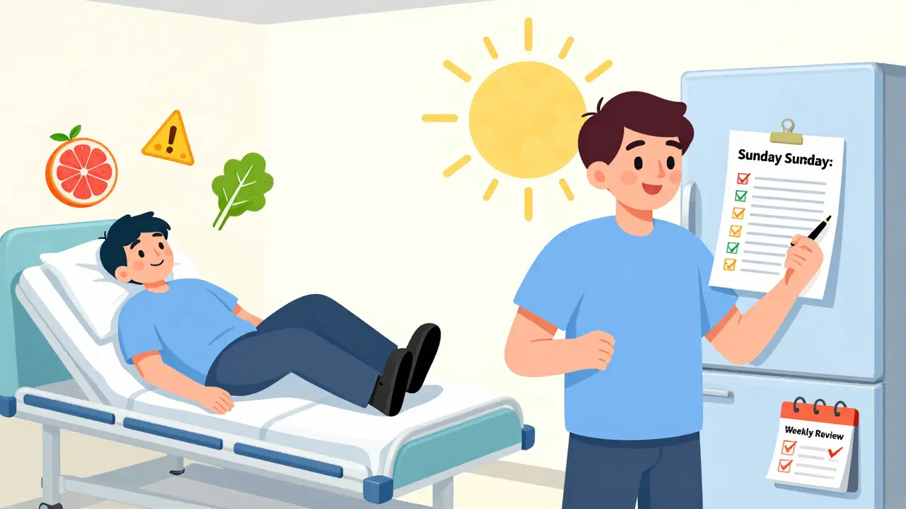 Split scene: one side shows medical emergency from food-drug interactions, the other shows safe daily checklist routine.