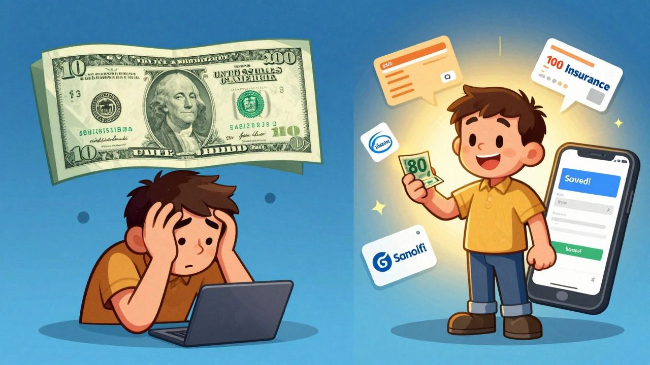 Split scene: person stressed by large bill vs. relieved with small payment, surrounded by insurance and manufacturer icons