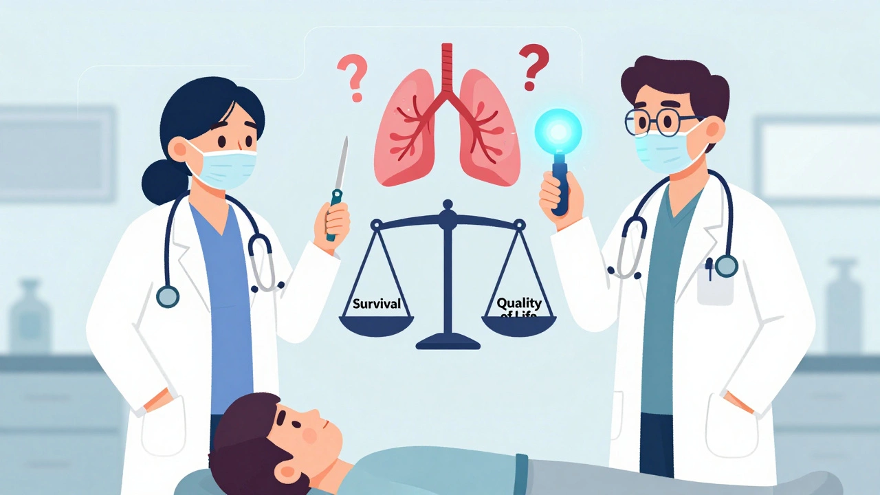 Two doctors beside a patient balancing survival against quality of life, with abstract cancer symbols floating above.