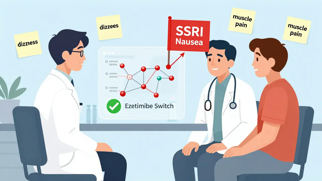 Two doctors review a gene-drug chart with symptoms and treatment options floating between them during a second opinion.
