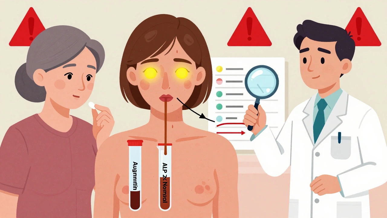 Woman turning yellow after taking Augmentin, with pharmacist checking drug interactions.