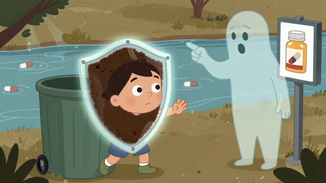 A child stopped from reaching into a trash bin by a shield made of safe disposal materials.