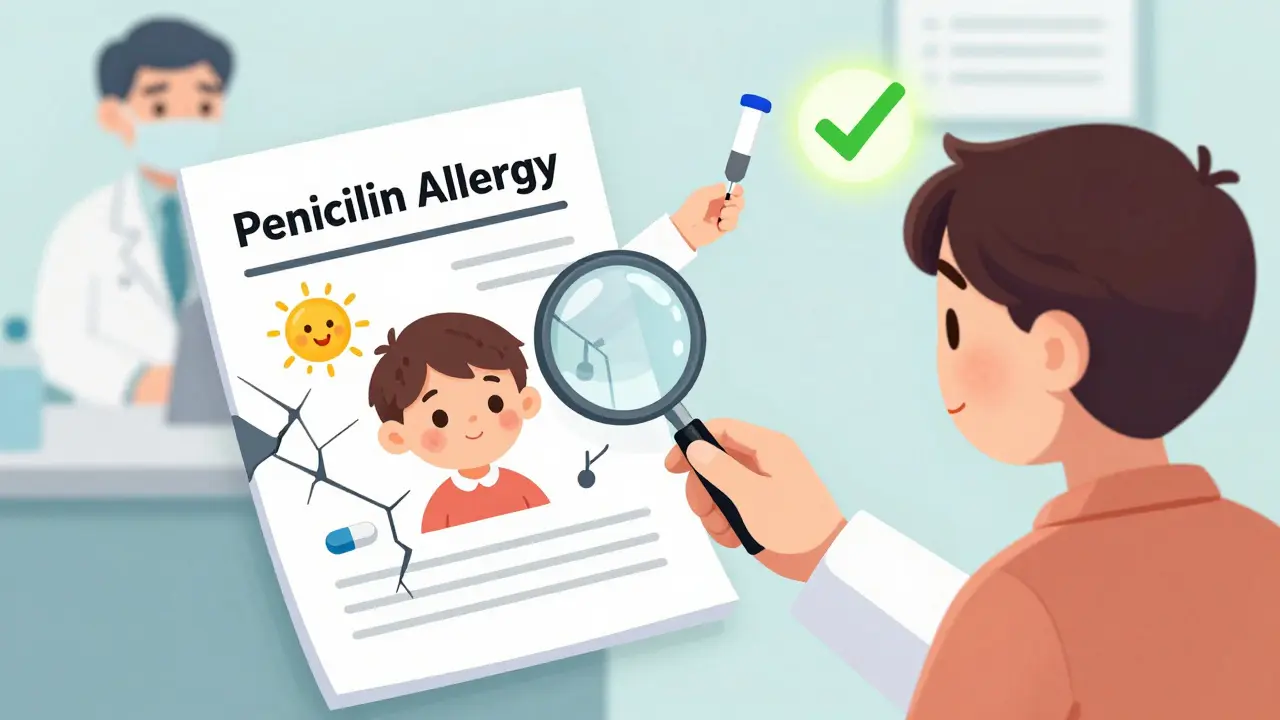 A doctor examining a medical chart revealing a viral rash was mistaken for a drug allergy, with a pharmacist performing a skin test.