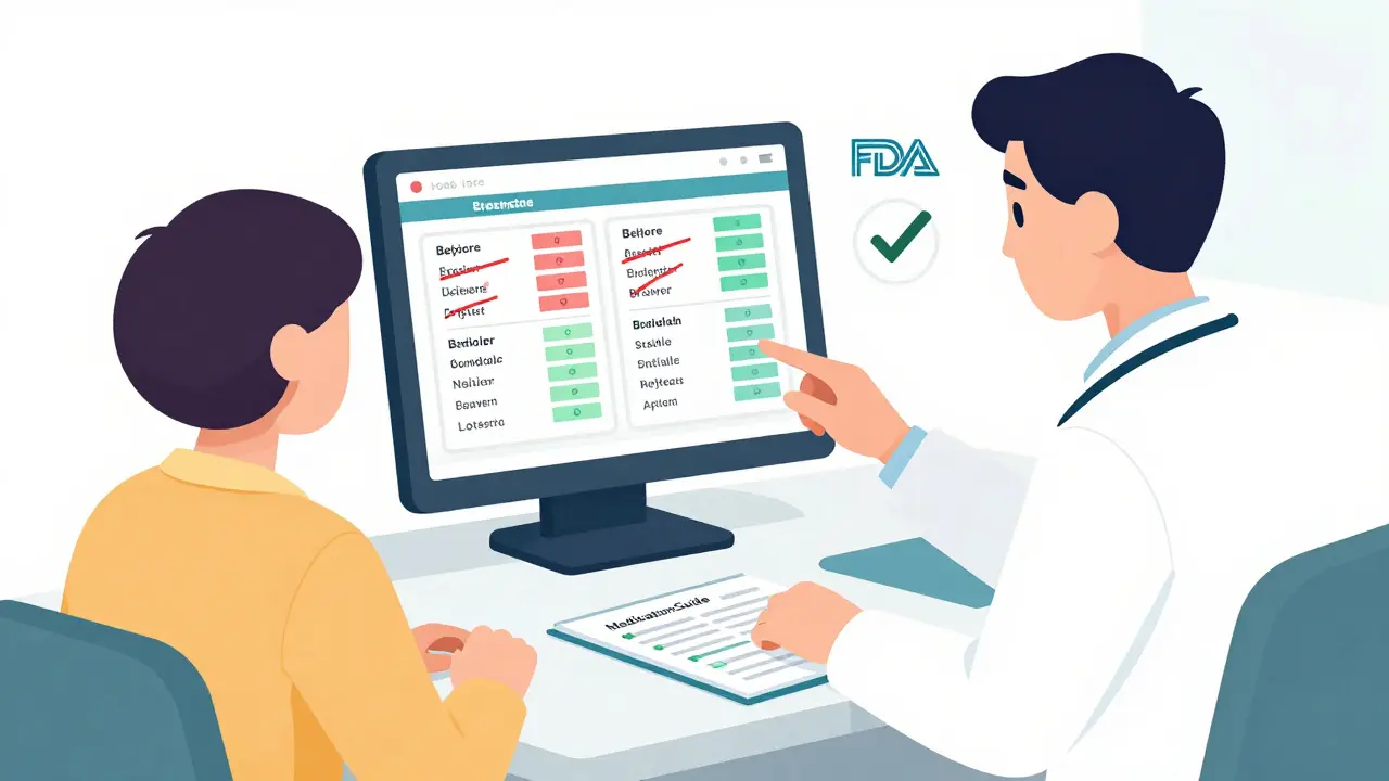 A doctor reviewing updated drug labeling changes on an electronic health record screen.