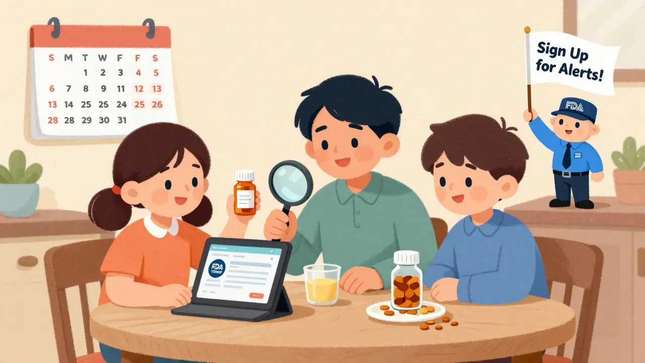 A family discussing an FDA safety alert at home, with a pill bottle and calendar showing annual review.