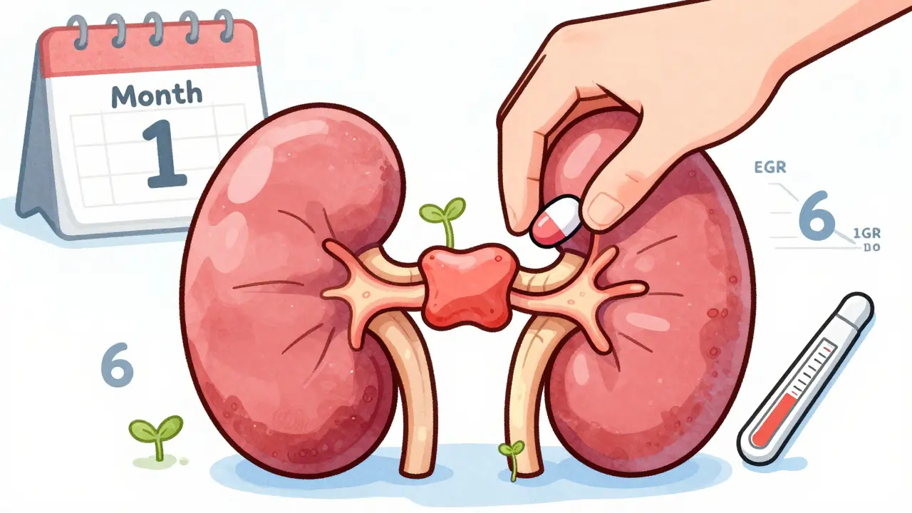 A healing kidney with green sprouts emerging as a pill is removed, eGFR numbers rising.