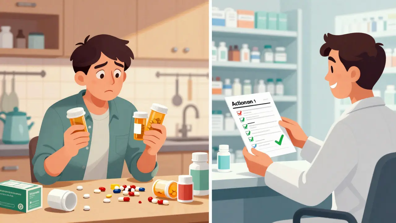 A man transforms from confused at home to calm after a pharmacy medication review.