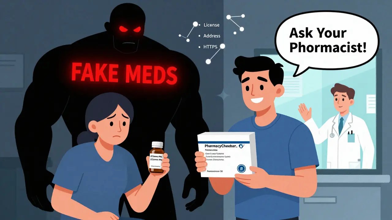 A patient holding fake pills under a shadowy threat, contrasted with another safely receiving verified meds from a licensed pharmacy.