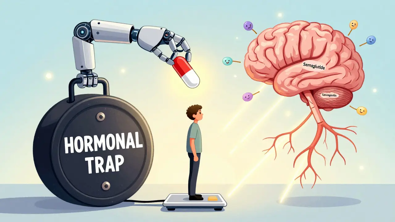 A person on a sinking scale as a pill reconnects their brain's hunger signals with glowing neural pathways.