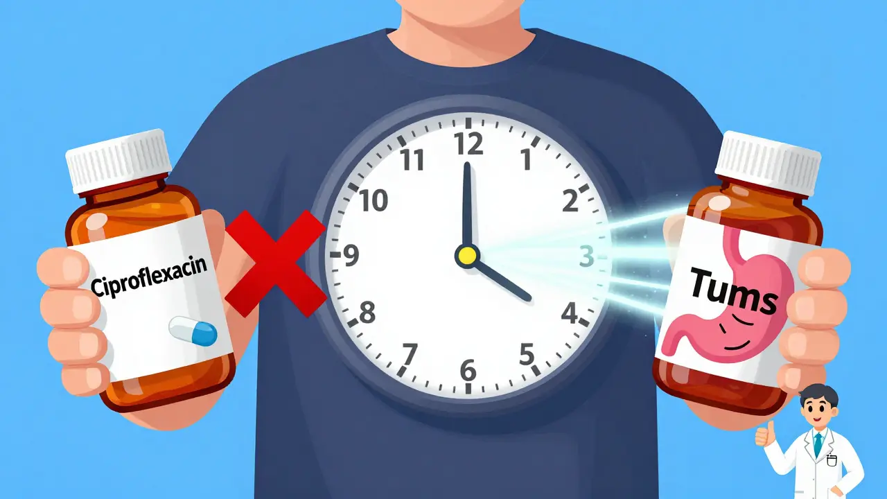 A person separated by a 4-hour time gap between antibiotic and antacid, with a smiling pharmacist.