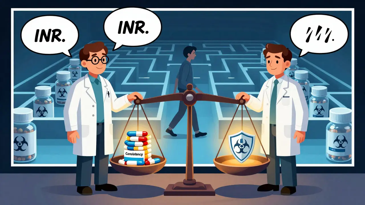 A scale weighing cost-saving generics against a branded pill, with a patient in a pill bottle maze.