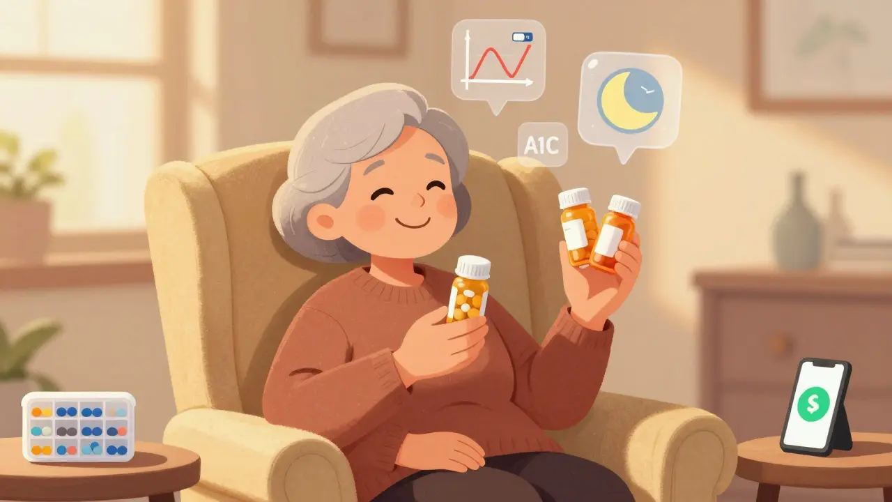 A smiling senior holding just two pill bottles, with health icons floating peacefully above.