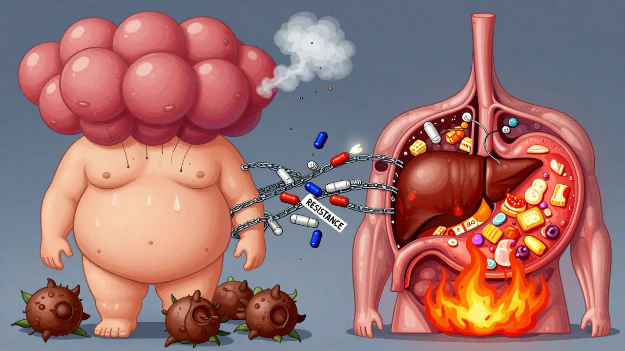 A stylized human body showing dormant brown fat, inflamed fat cells, and tangled insulin chains in metabolic dysfunction.