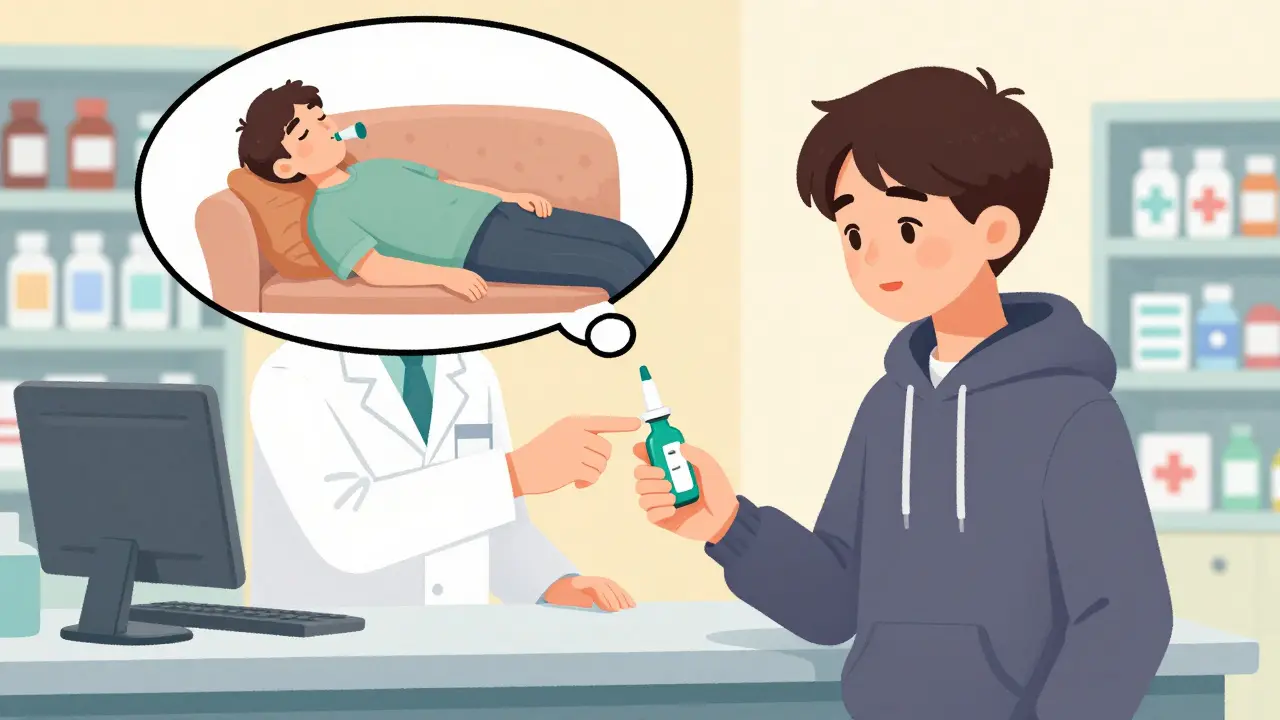 A teen receives naloxone from a pharmacist, thinking of saving a friend.