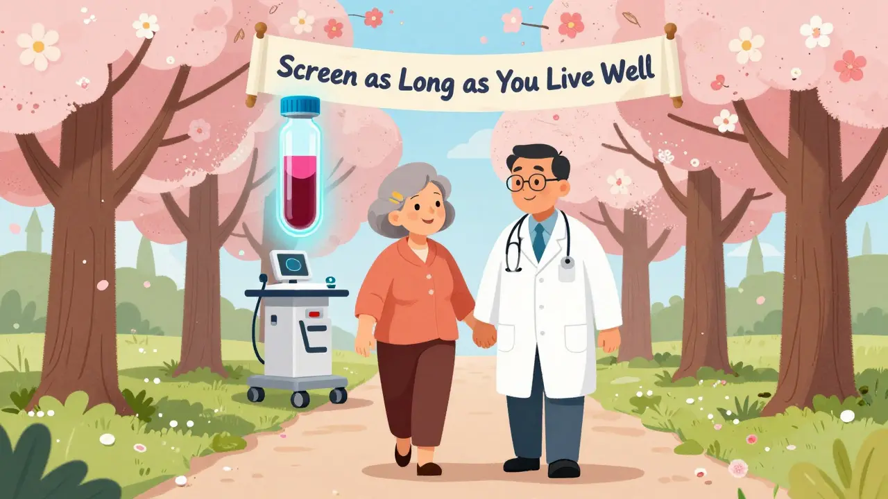 An active older woman walking with her doctor, symbolizing continued screening and future medical advances.