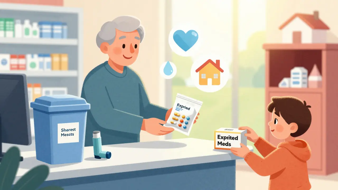 An elderly person dropping off expired medications at a pharmacy with a community disposal box visible.