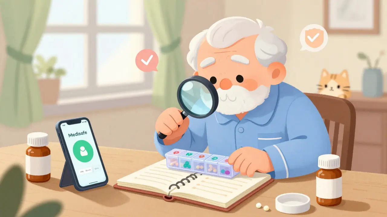 An older adult checking their pill organizer on Sunday morning with a notebook and phone alarm nearby.