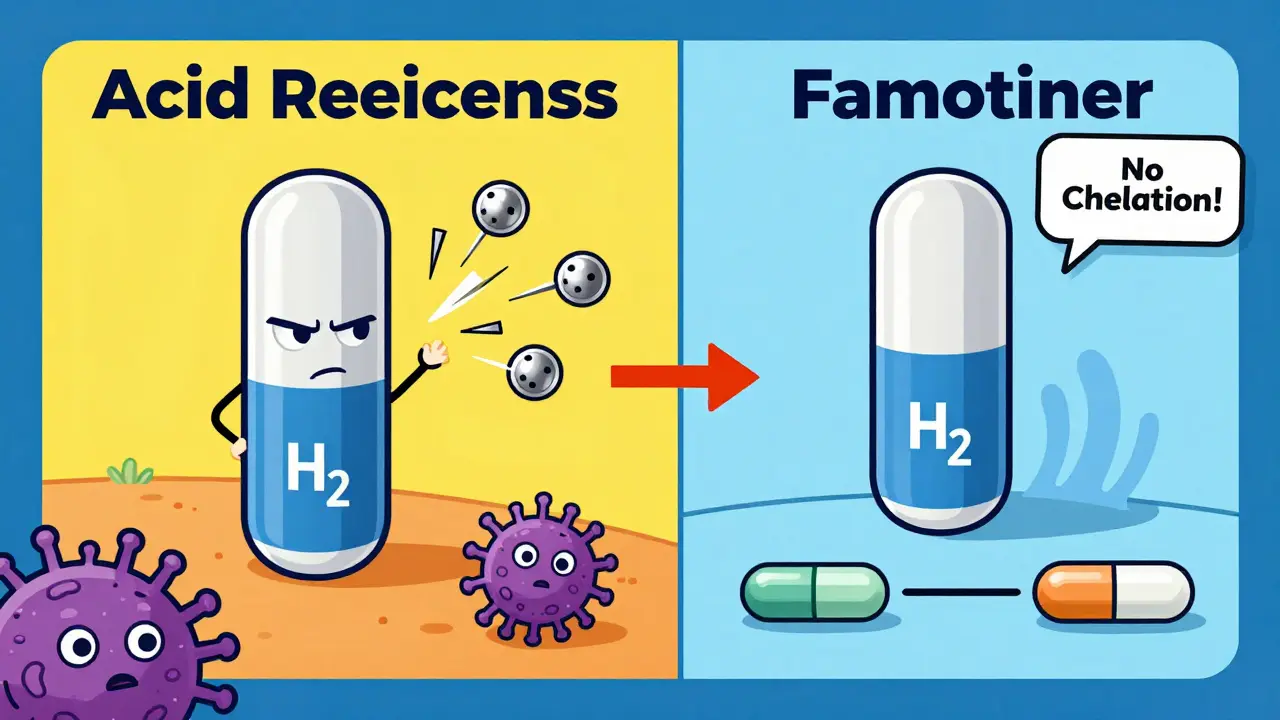 Comparison of harmful antacid vs safe H2 blocker with antibiotic passing cleanly through.