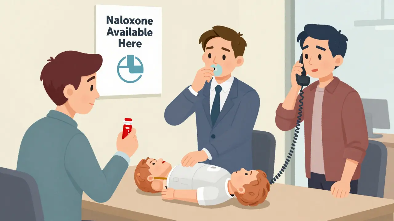 Coworkers practice using naloxone on a training dummy in a break room.