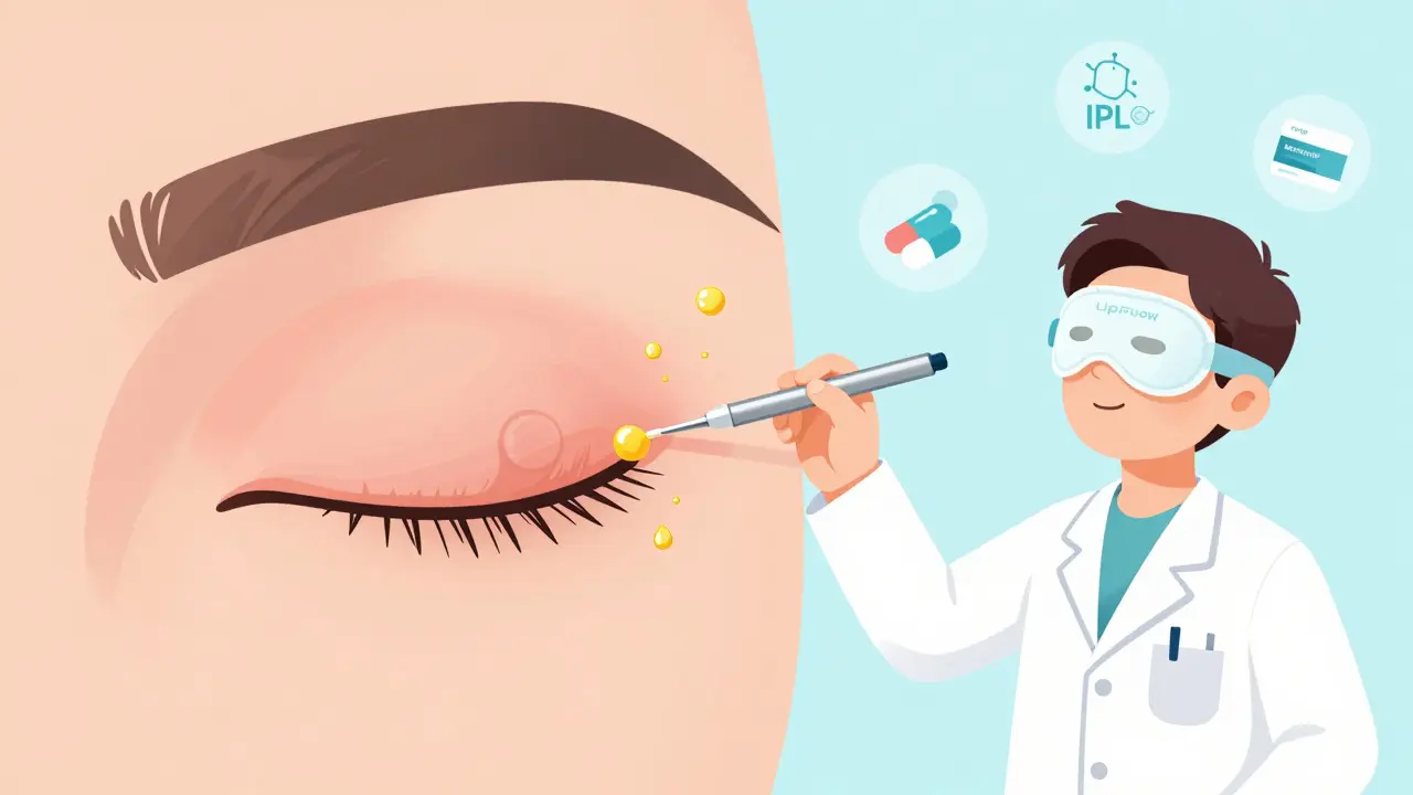 Doctor using a probe to unclog a meibomian gland, with treatment icons floating nearby.