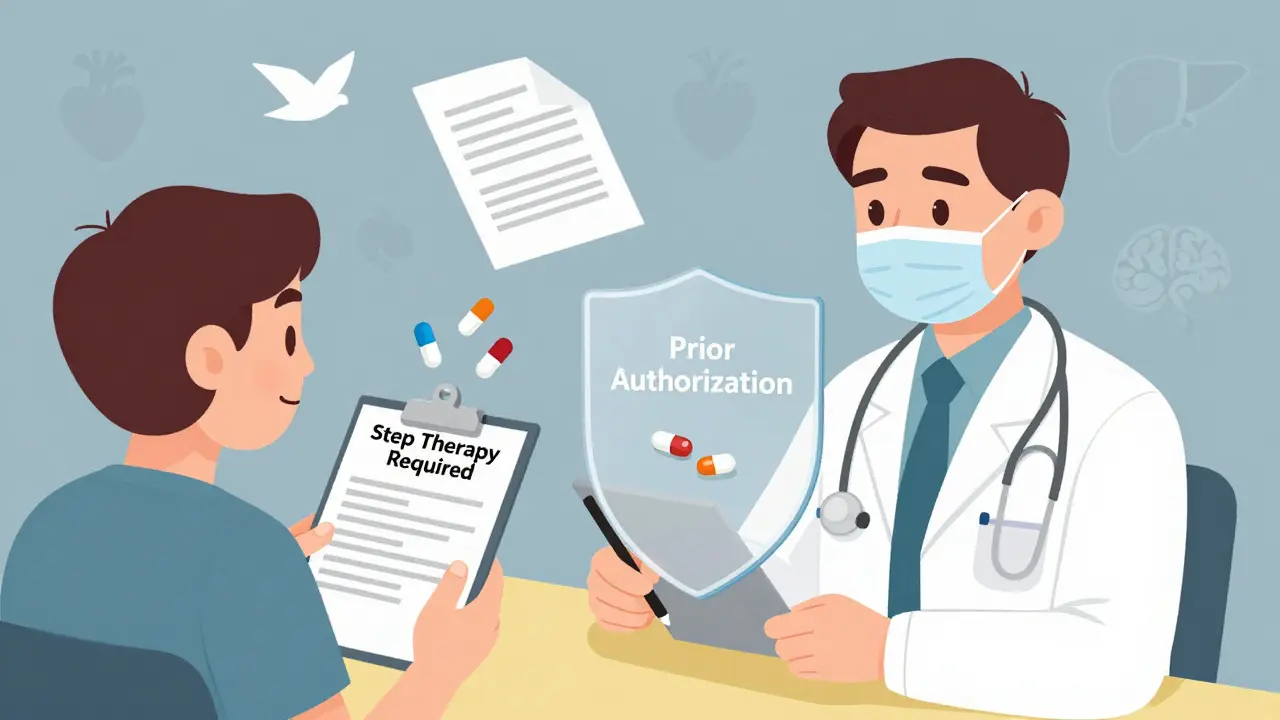 Doctor writing prescription as patient faces two failed generic pills and a prior authorization shield blocking their needed medication.