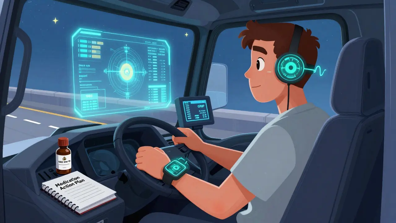 Driver in futuristic truck with biometric wearables and CPAP logs, glowing alertness monitor visible