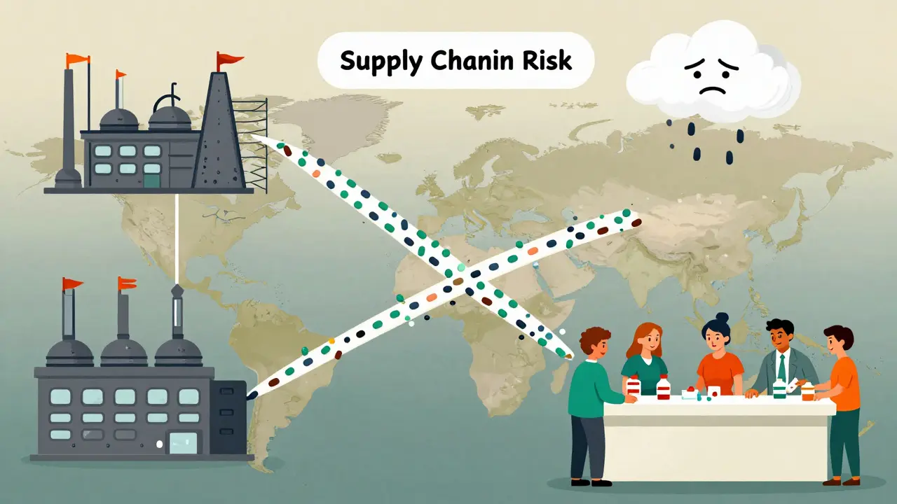 Factories in India and China sending pills to a U.S. pharmacy, with a supply chain risk cloud above.