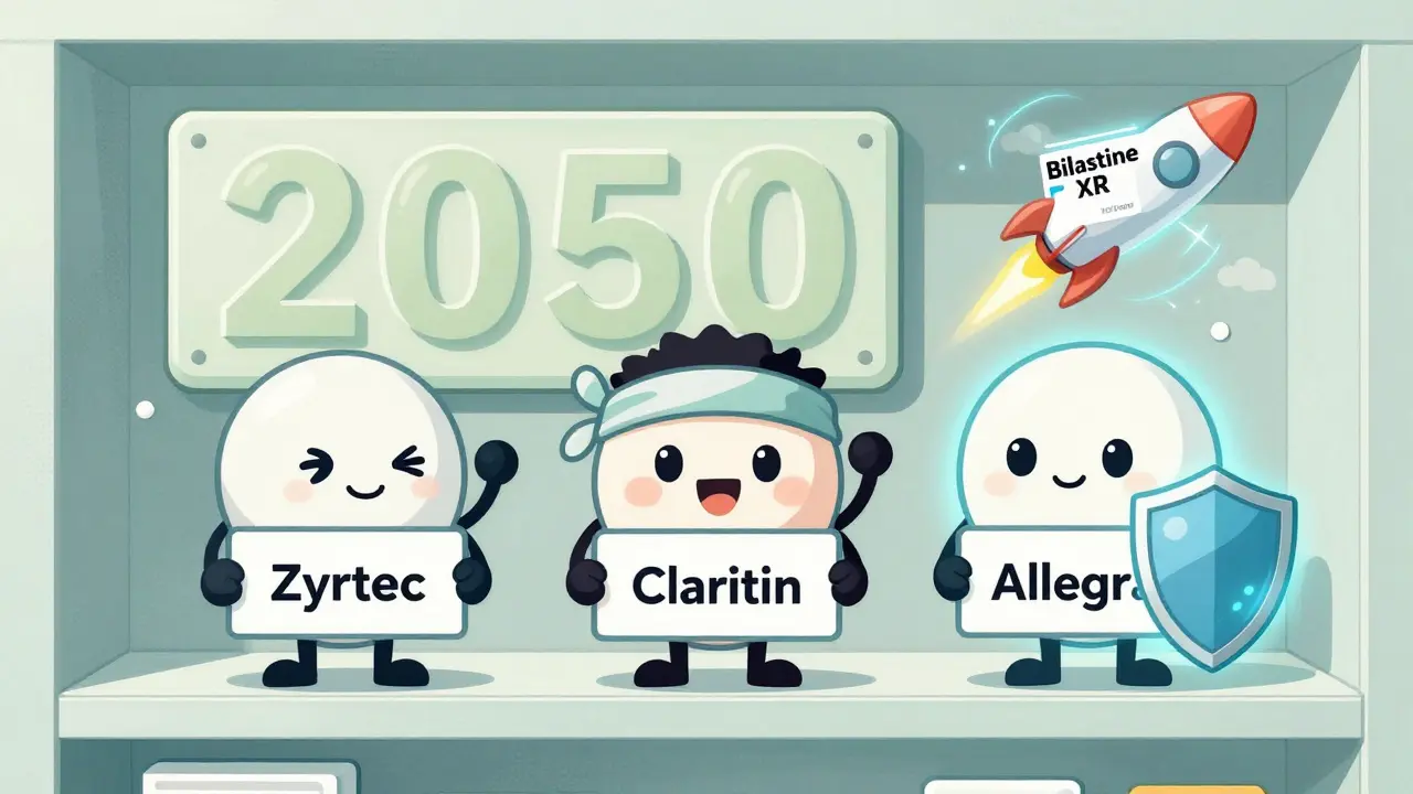 Friendly pill characters on a pharmacy shelf with rising pollen clouds and a futuristic weekly pill above.