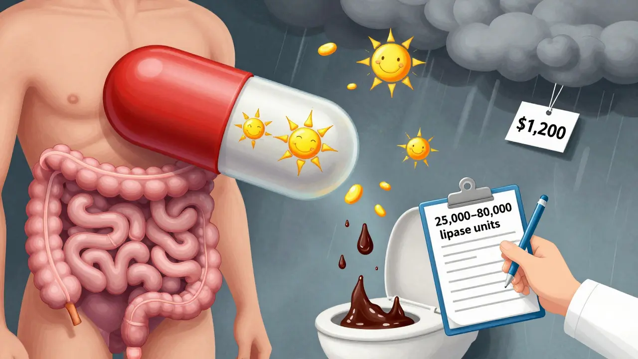 Giant enzyme capsule releasing fat particles as suns, greasy blobs falling into toilet, price tag floating.