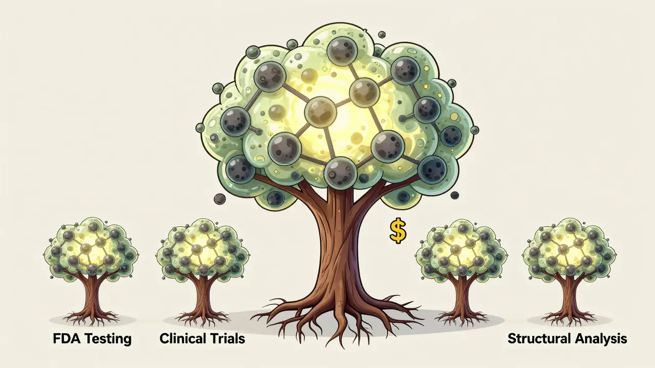 Glowing biologic molecule tree with smaller biosimilar trees around it, roots labeled with FDA testing and clinical trials.