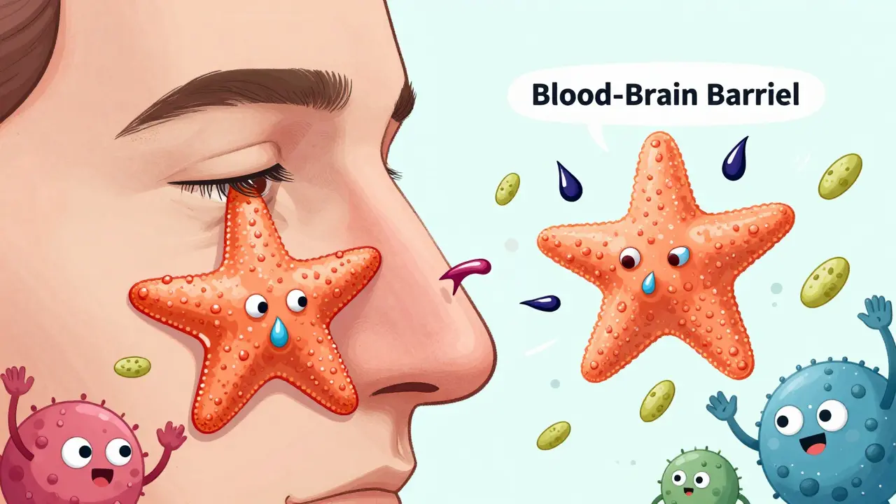 Molecular illustration of antihistamines blocking allergy receptors in the nose while kept out of the brain.