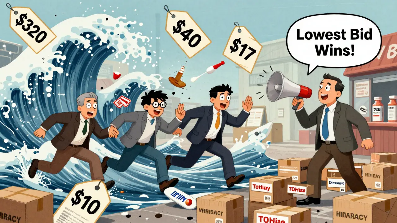 Multiple generic drug companies flood the market as prices crash to pennies, with a PBM declaring the lowest bidder the winner.