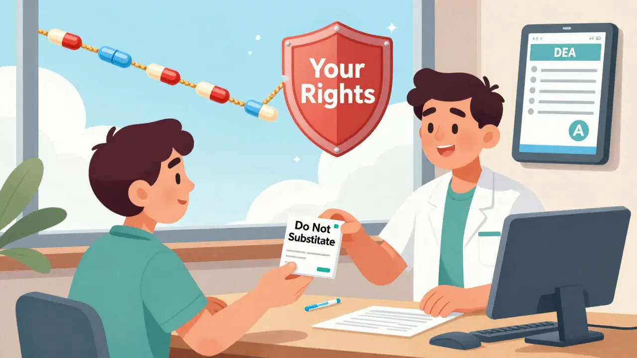Patient hands prescription saying 'Do Not Substitute' while a lifeline of pills connects to a rights shield.