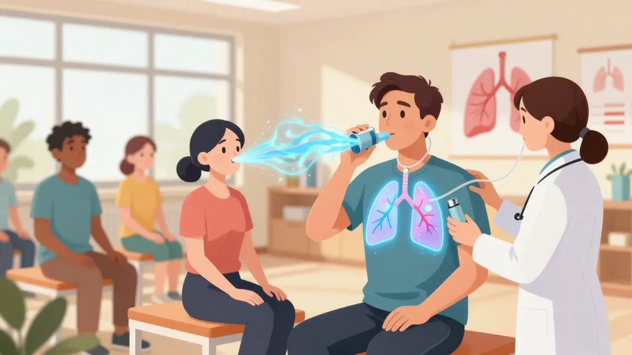 Patients in a rehab center practice breathing techniques with a therapist, glowing air flowing into their lungs.