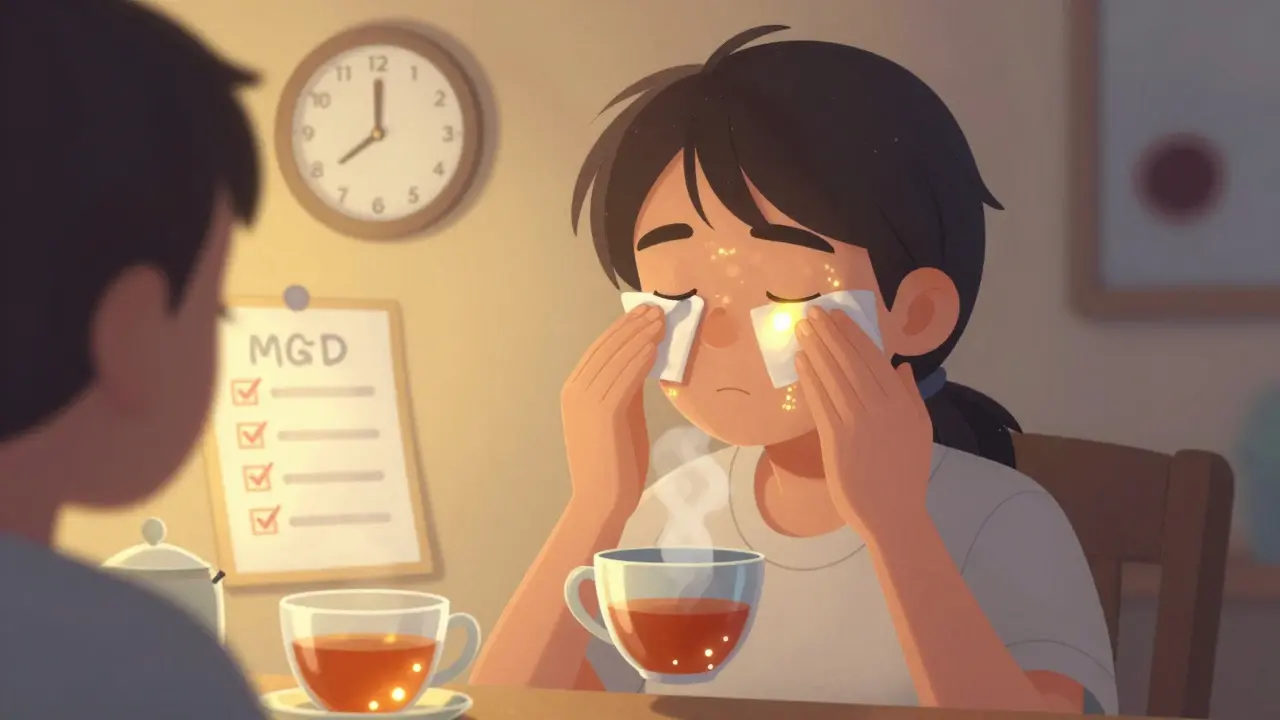 Person performing daily eyelid care with glowing healthy glands and a checklist in the background.