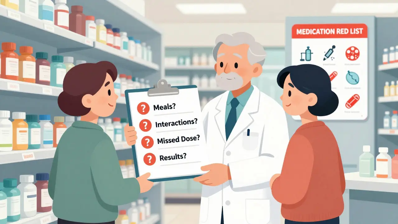 Pharmacist and caregiver discussing medication questions in a bright pharmacy, with a red safety list visible on a fridge.