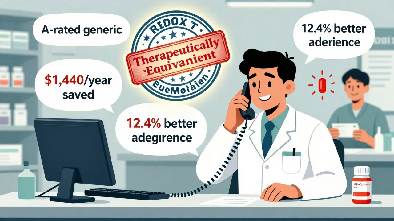 Pharmacist calls prescriber, floating data bubbles show savings and adherence stats, warning icon near NTI drug.