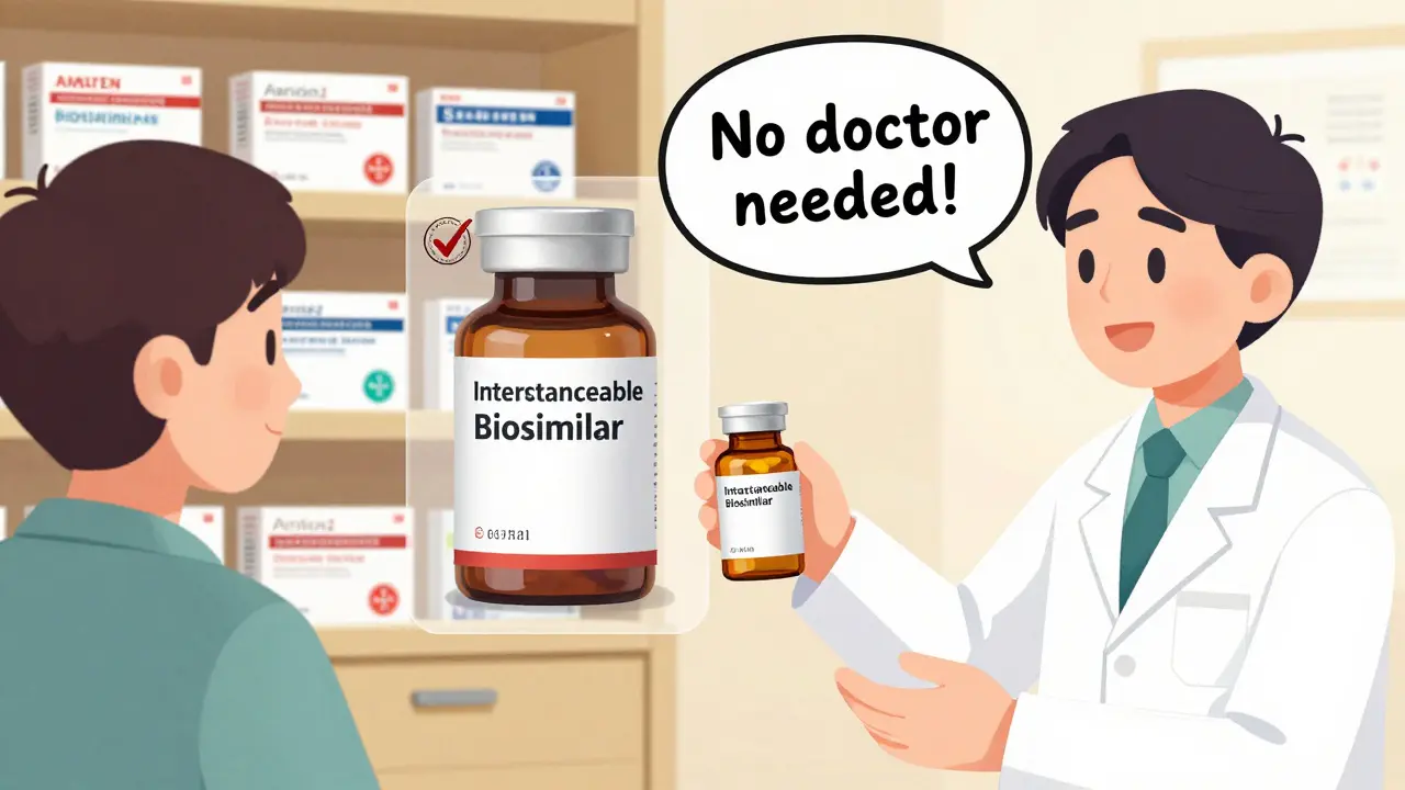 Pharmacist giving a patient an interchangeable biosimilar with FDA seal and brand-name drug visible in background.