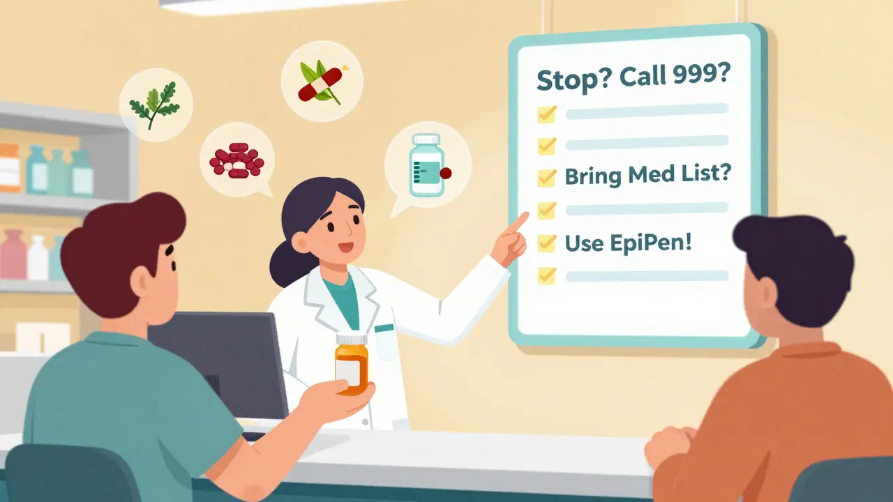 Pharmacist handing medication while glowing checklist guides emergency steps, with drug interaction icons floating nearby.